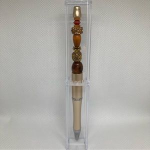Hand Beaded Pineapple Pen w/Display Box Glass, Metal Beads Gold Brown